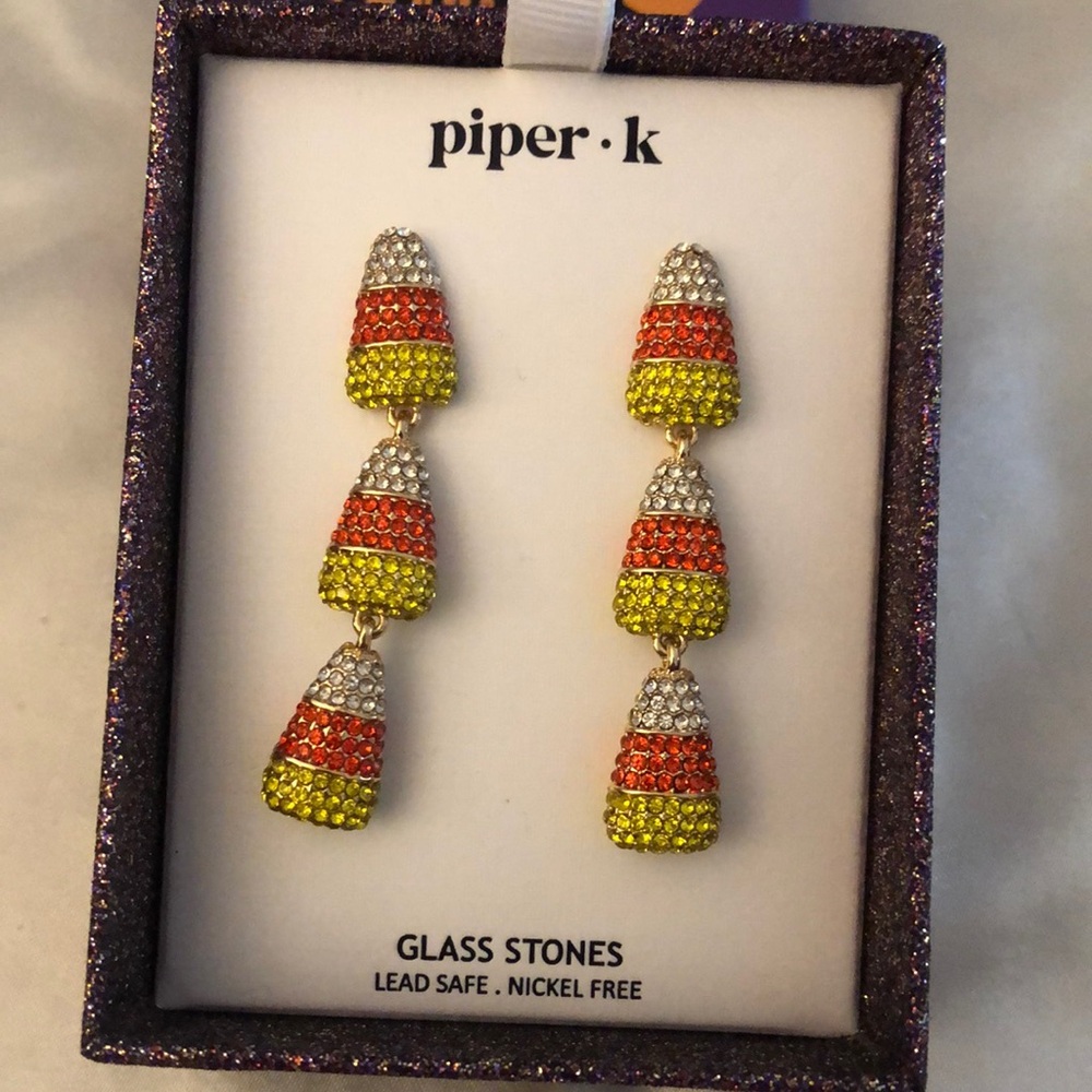 Piper K Gold Tone Triple Candy Corn Drop Earrings Glass Crystal Accents NIB